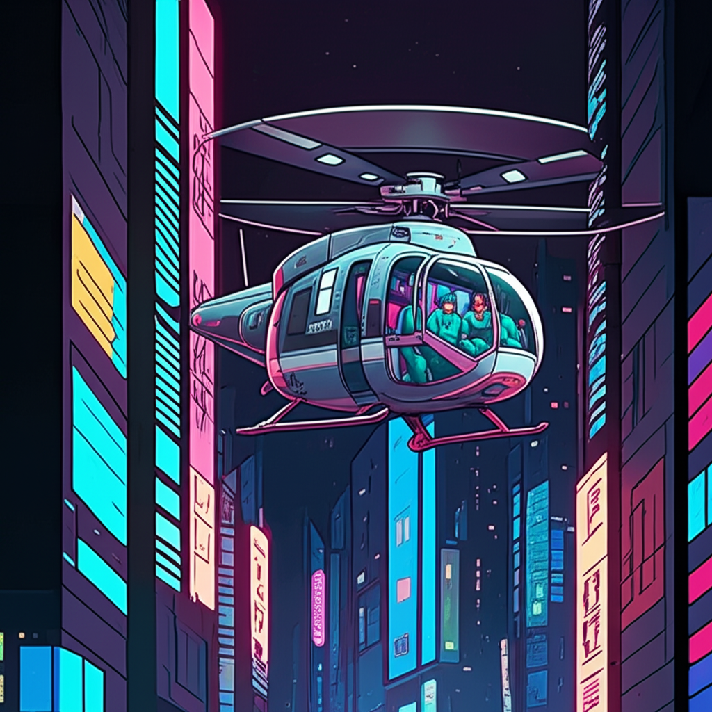 ANGEL ONE helicopter screaming between towers at night, medical bay visible through open doors