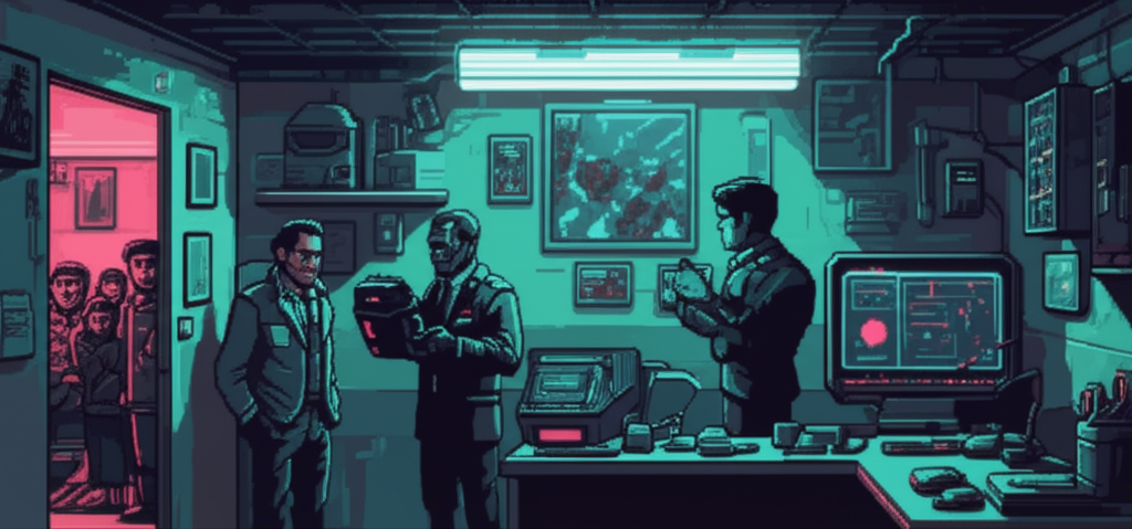 Viktor pressed against the wall as corporate security searches his apartment, neighbors watching through the ruined door