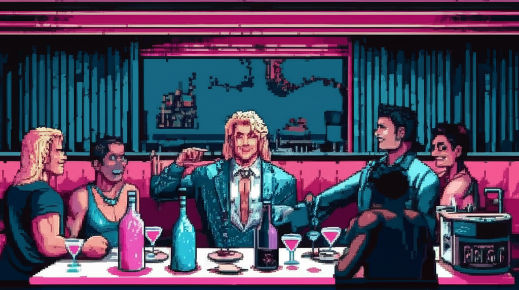 VIP table scene - Rima orchestrating, bottles appearing, people laughing, everyone leaning toward him