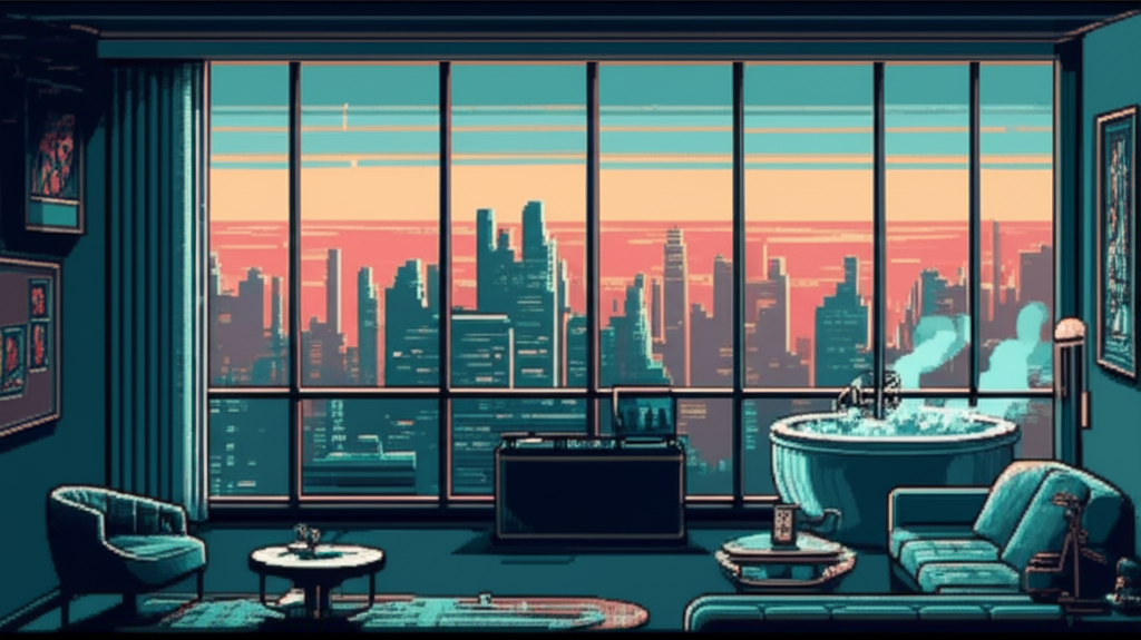 Heaven Towers penthouse at dawn - floor-to-ceiling windows, empty DJ booth, spa steaming on balcony