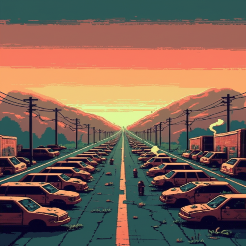 The broken highway stretching toward distant brown hills, abandoned vehicles rusting in neat rows, salvagers moving among them