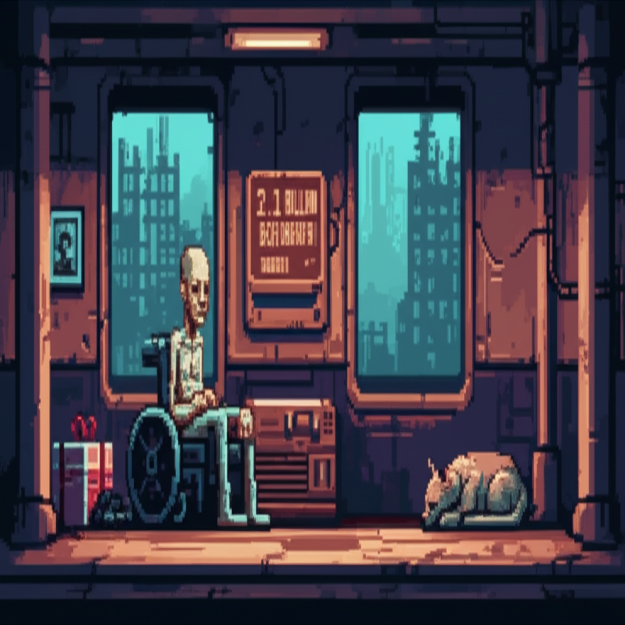 Marcus weaker, contemplating mortality, robot Kaiser curled up contentedly with circuit board gift