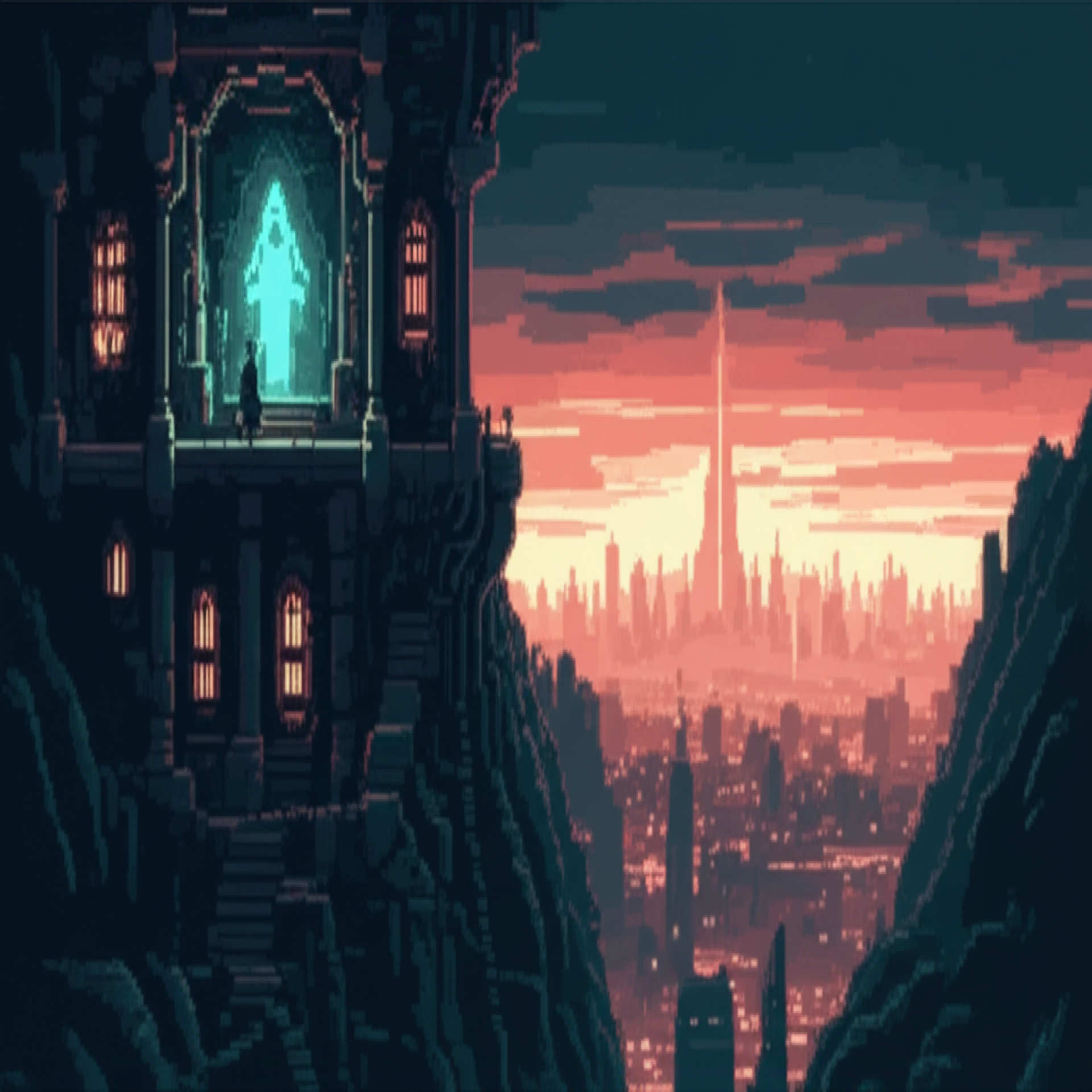 Wide shot of Mystery Court at dawn overlooking the Sprawl - The Keeper and Kaiser visible in window, 37 years of waiting ahead