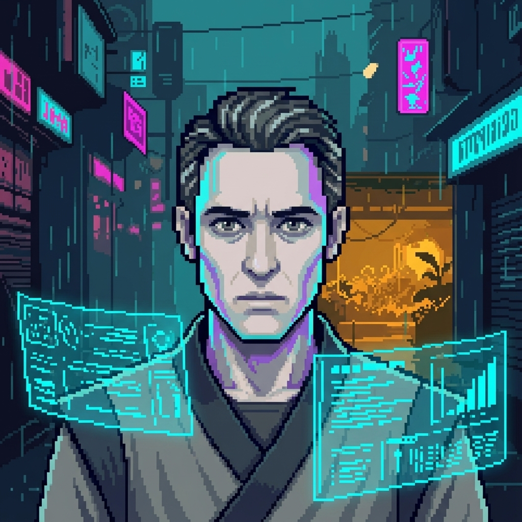 Infereit studying holographic data displays, cyan light reflecting in his gray eyes