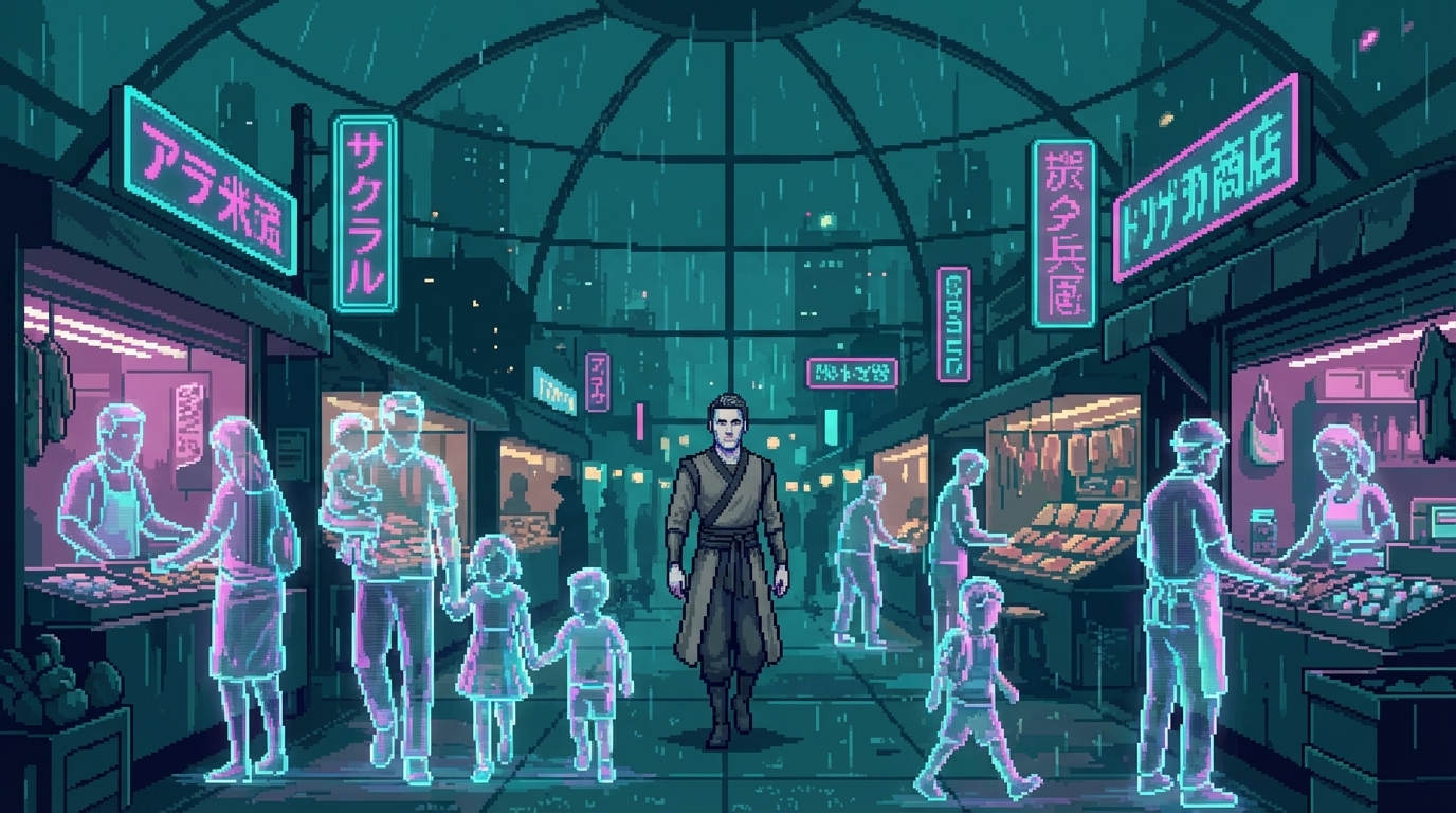 A street scene rendered in the dome's nanostructure—figures walking like ghosts of the past