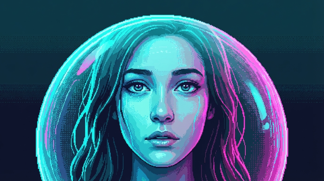 Close-up of the young woman's face in the dome surface, eyes open, looking directly at the viewer