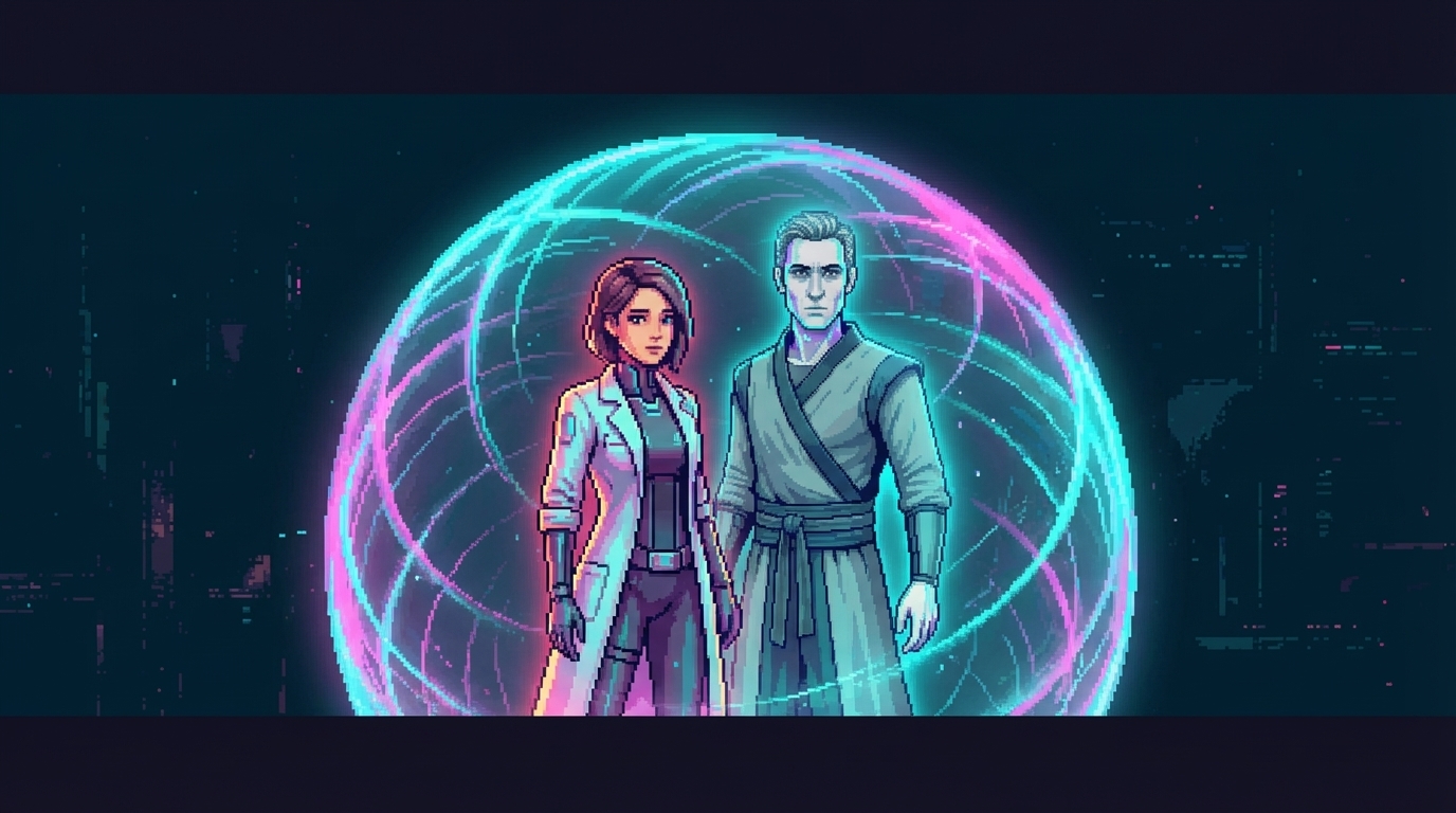 Two figures standing together in the dome—a young woman and a man of ambiguous age, rendered in iridescent light