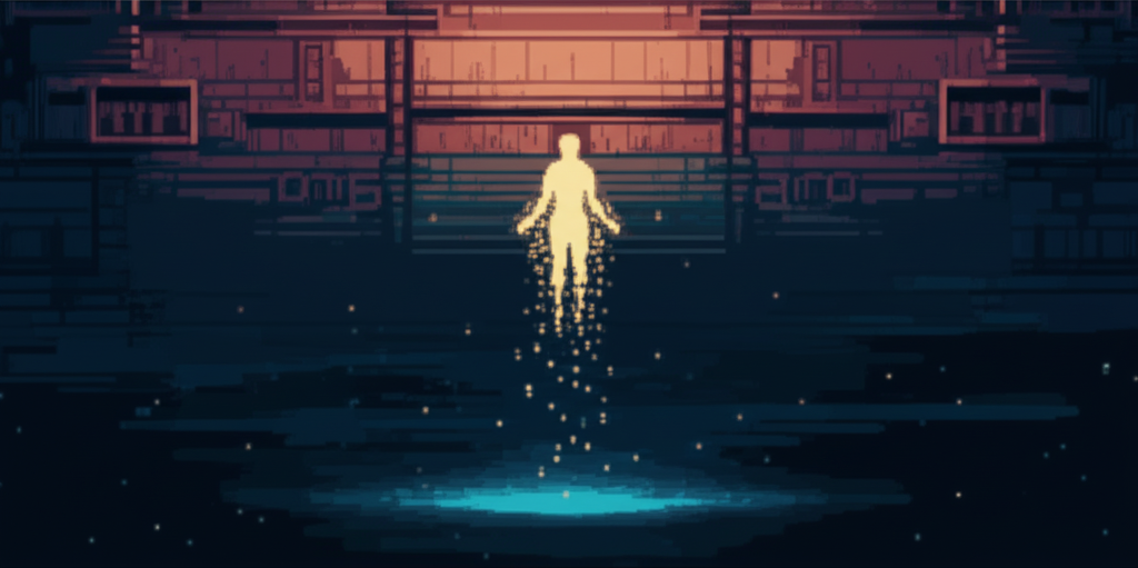 The moment of transition - consciousness leaving body, dark space opening beneath, form dissolving into particles of light