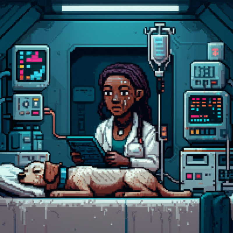 Sage sleeping, older now, her gray muzzle resting on salvaged blankets