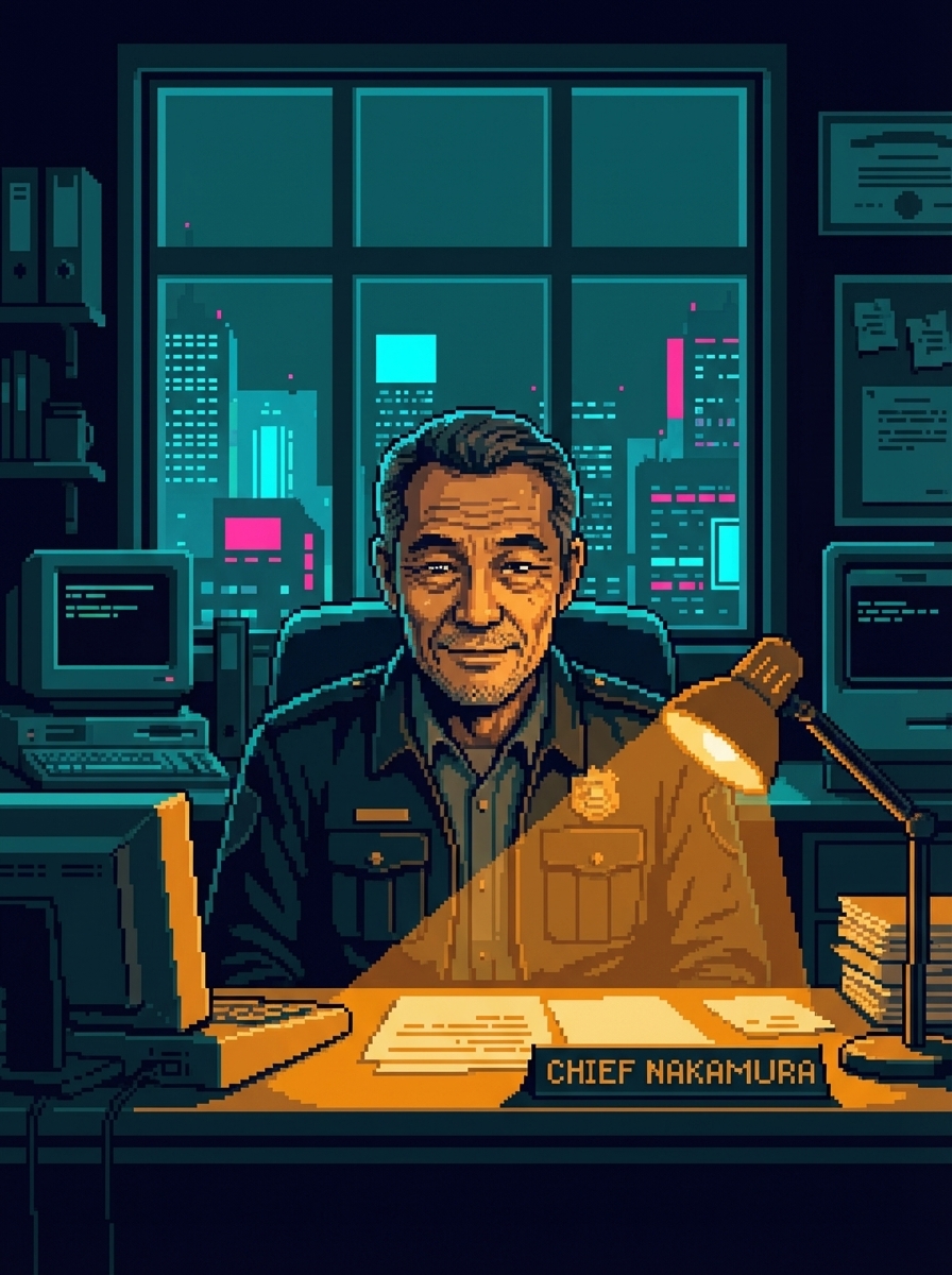 Chief Nakamura behind his desk, face weathered by decades of political compromise. He knows W.O.L.F. is going to do something stupid. He's going to let it happen.