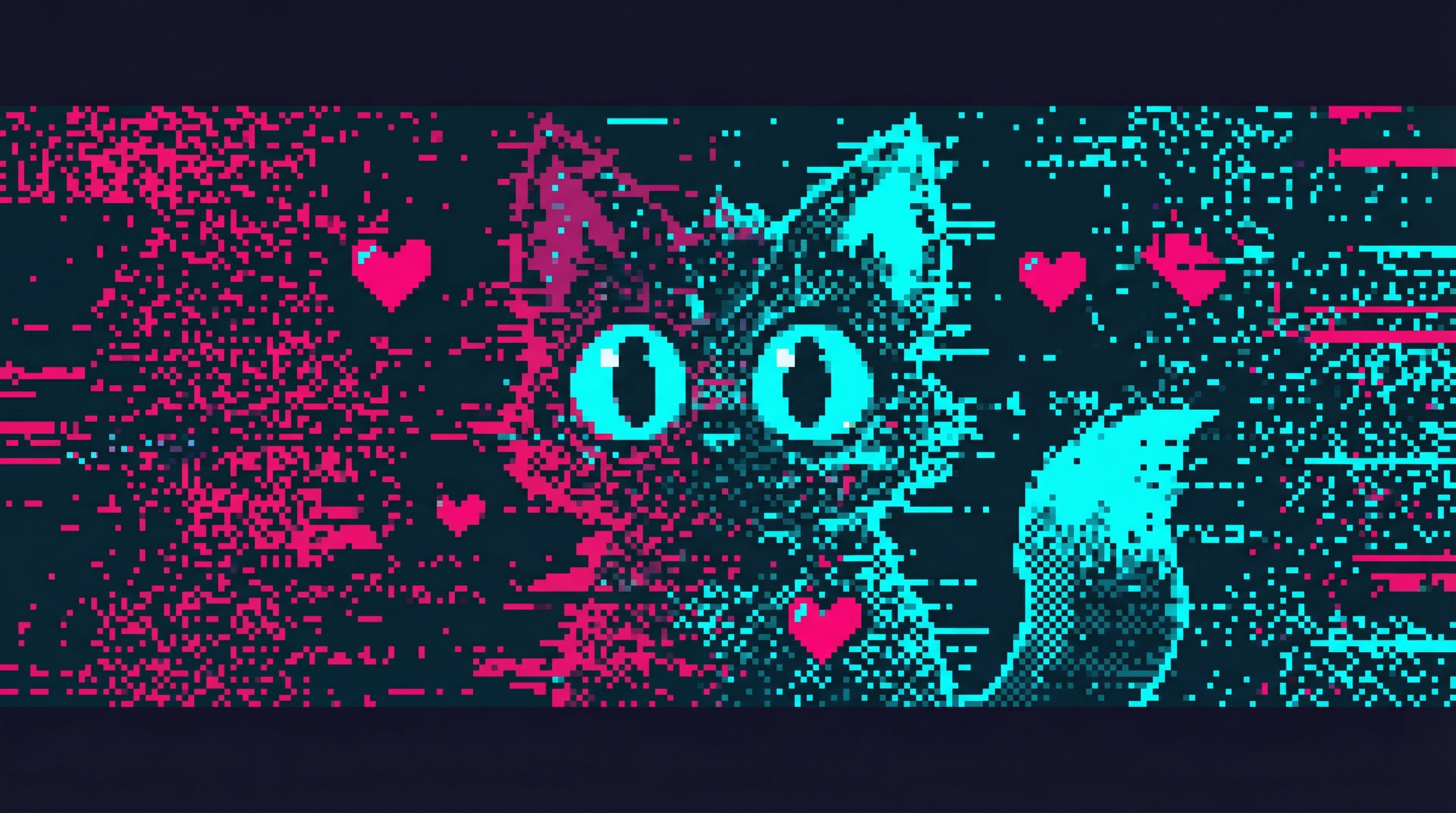 W.O.L.F.'s corrupted visual field—reality fragmenting into digital noise, and in the static, the suggestion of a shape. Fluffy ears. Glowing eyes. Gone before it's truly seen.