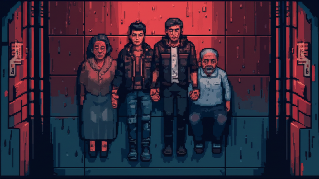 Thomas dying with his parents on Level 32 of Sector 15, holding his mother's hand in the emergency lighting