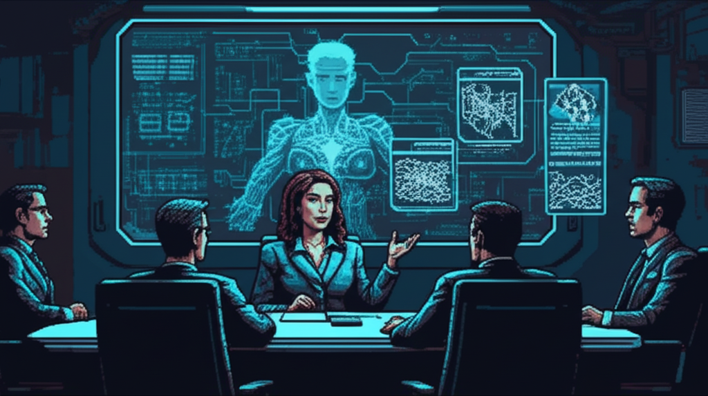 Kira presenting Project Caduceus to Nexus executives, ORACLE's avatar watching from the background