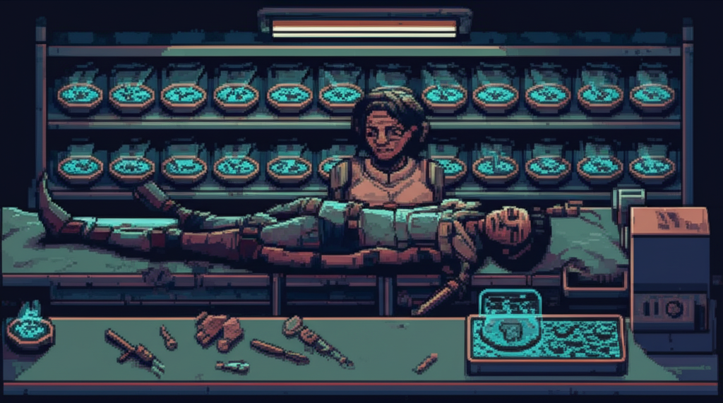 Shelves lined with containment dishes, all glowing faintly blue - a graveyard of fragments