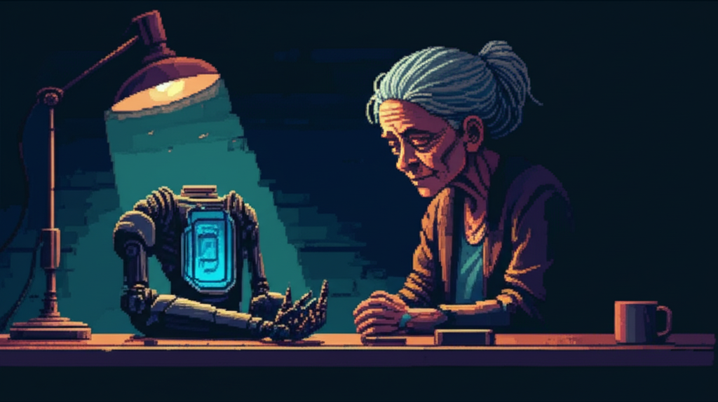 Patch sitting alone after closing, her prosthetic arm open to reveal the containment unit's blue glow