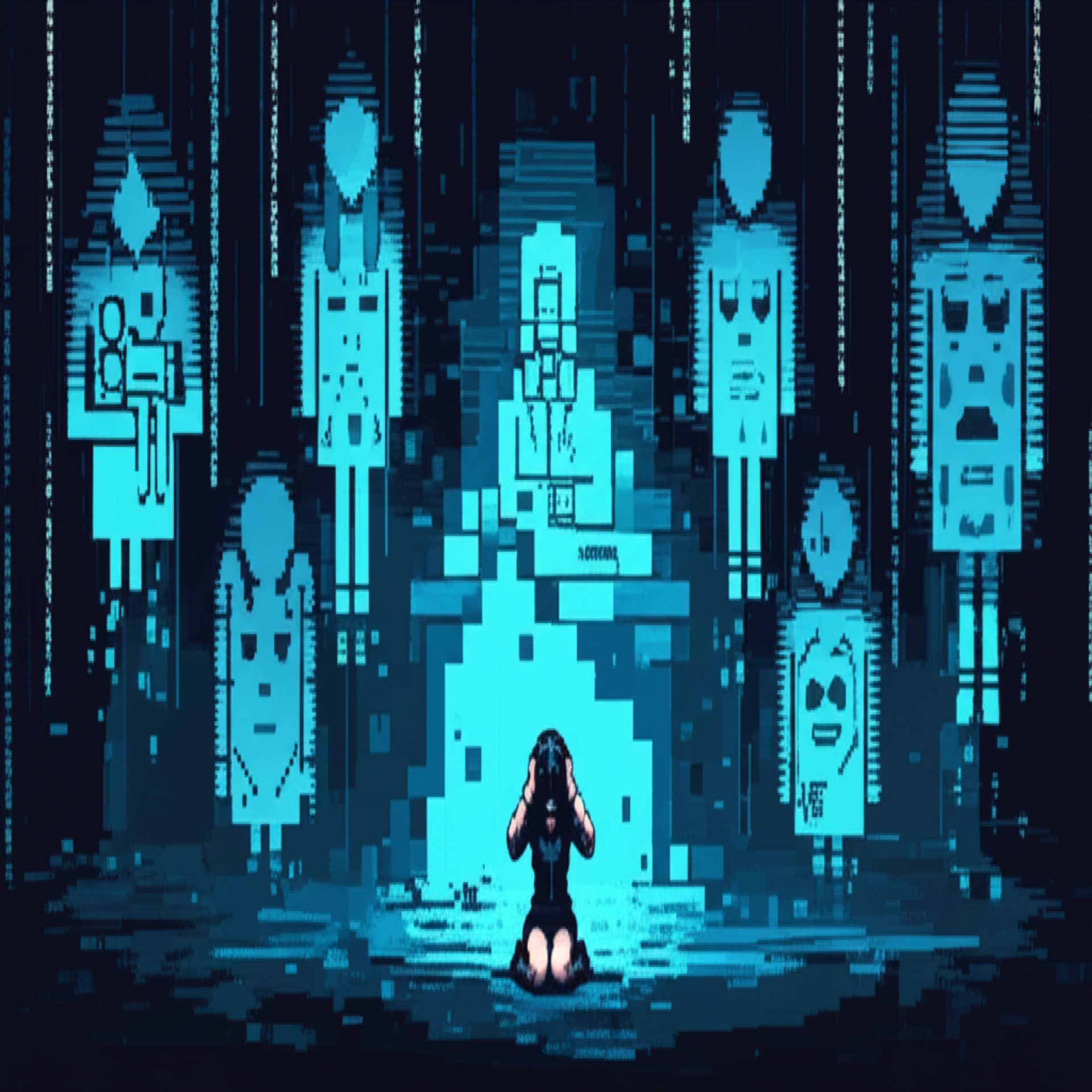 Fragmentary ghostly death impressions floating around kneeling Kira in the vault