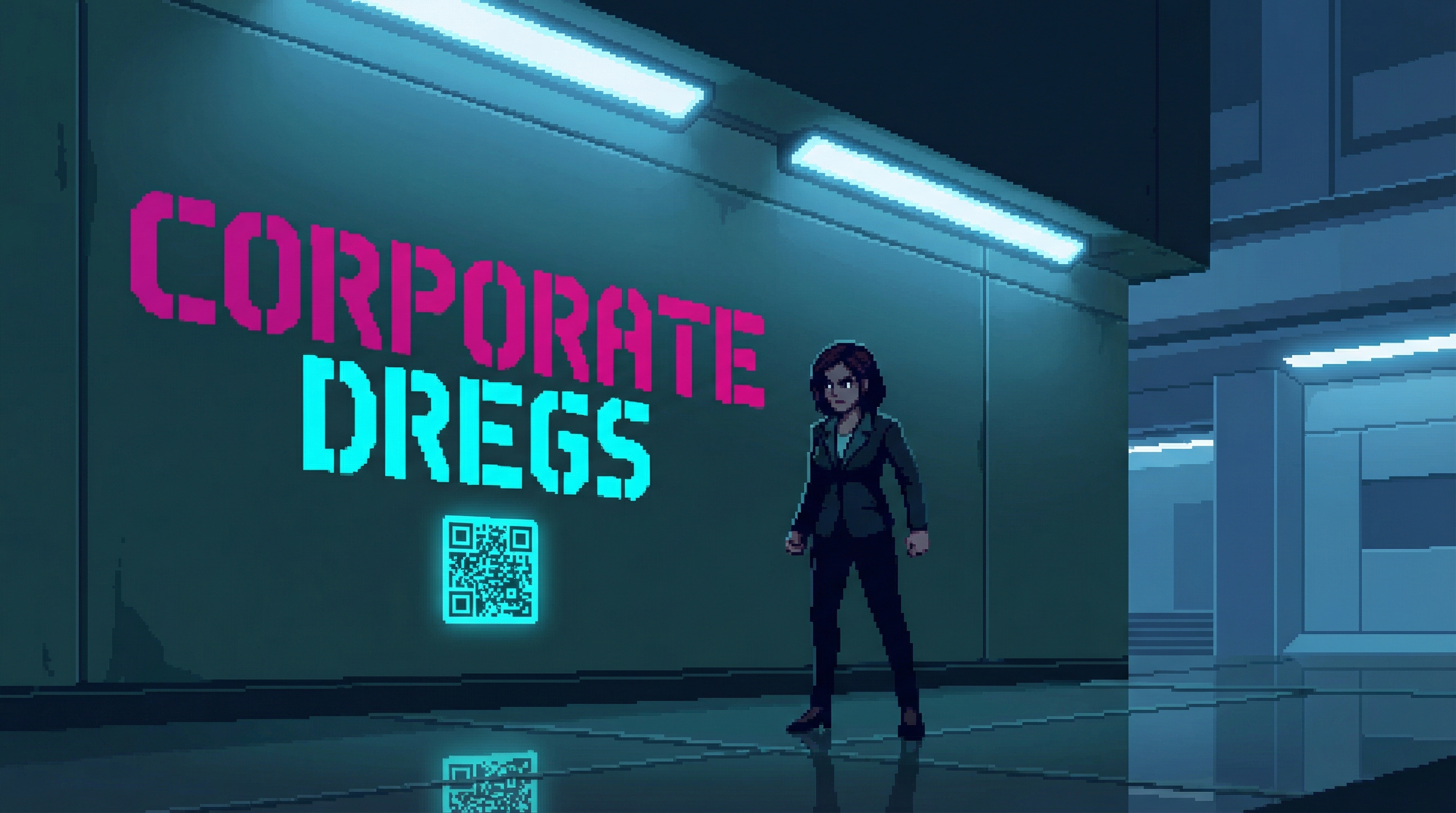 A clean professional stencil with crisp typography on a corporate district wall — Fen stands before it, tense