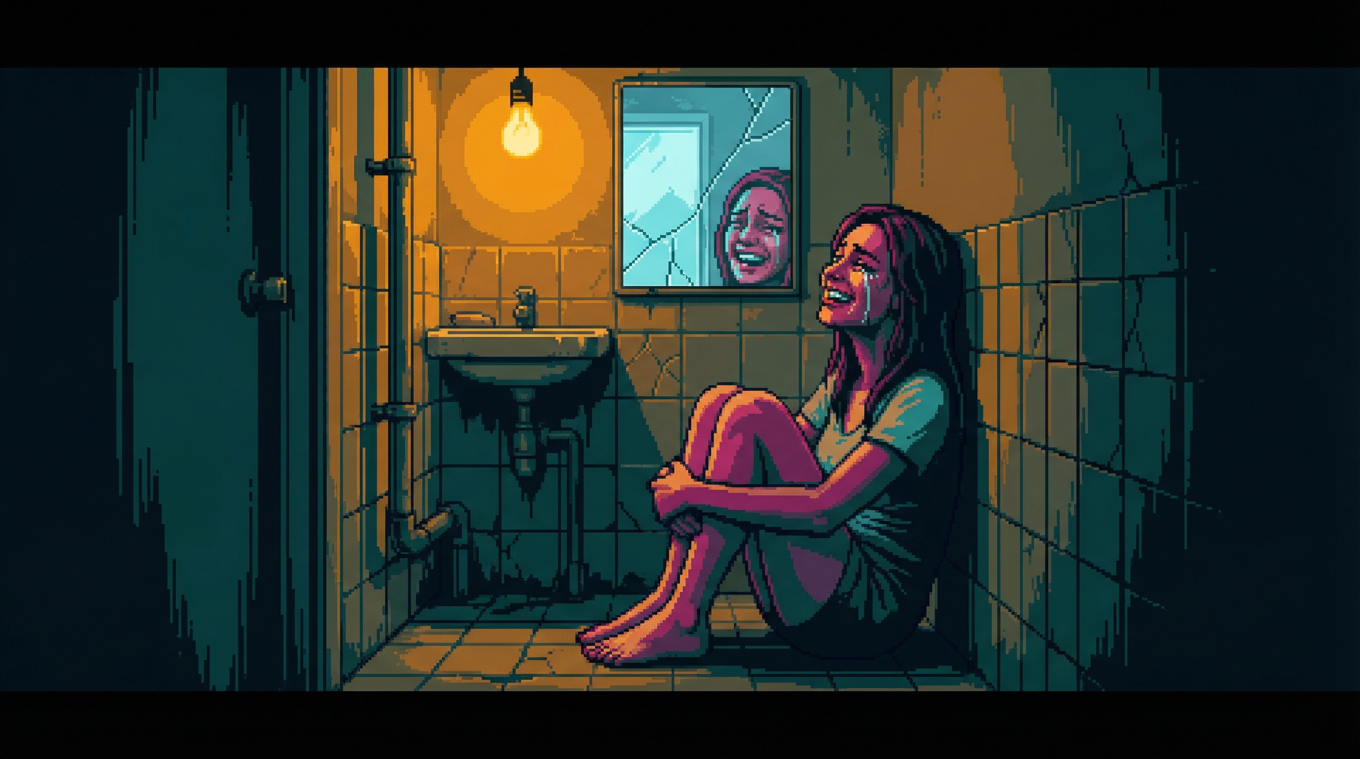 A woman sits on a bathroom floor, head tilted back, caught between laughing and crying — the moment when performing spontaneity became absurd