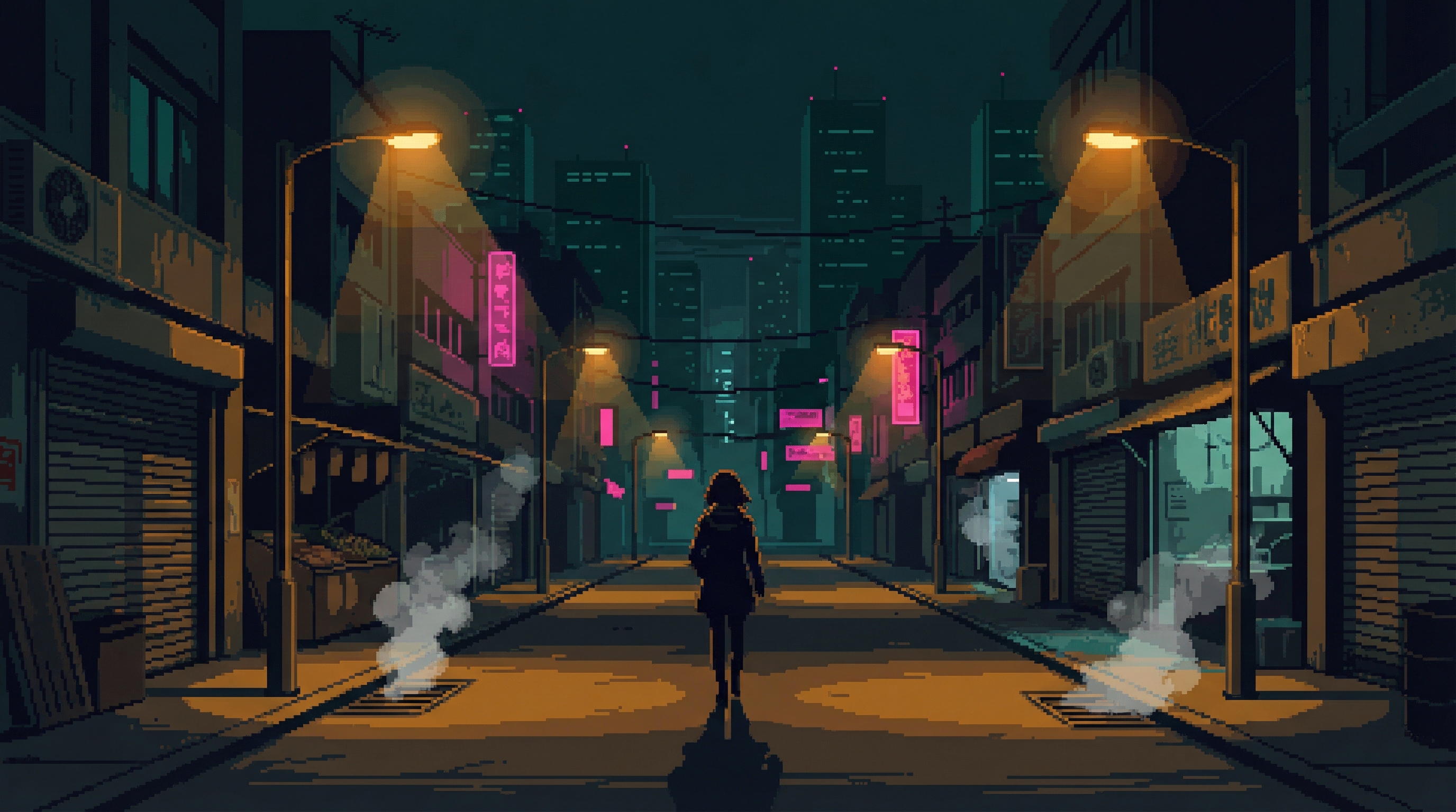 A young woman walks away down a dark urban street — small in the frame, posture radiating defiance and life