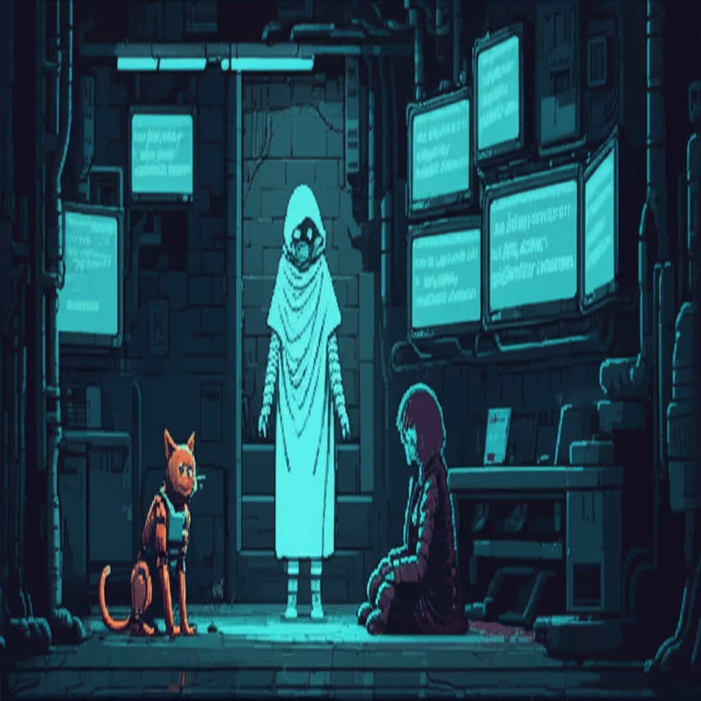 The Keeper in holographic robes with Kaiser the robotic cat at his feet, standing before walls of screens filled with error messages