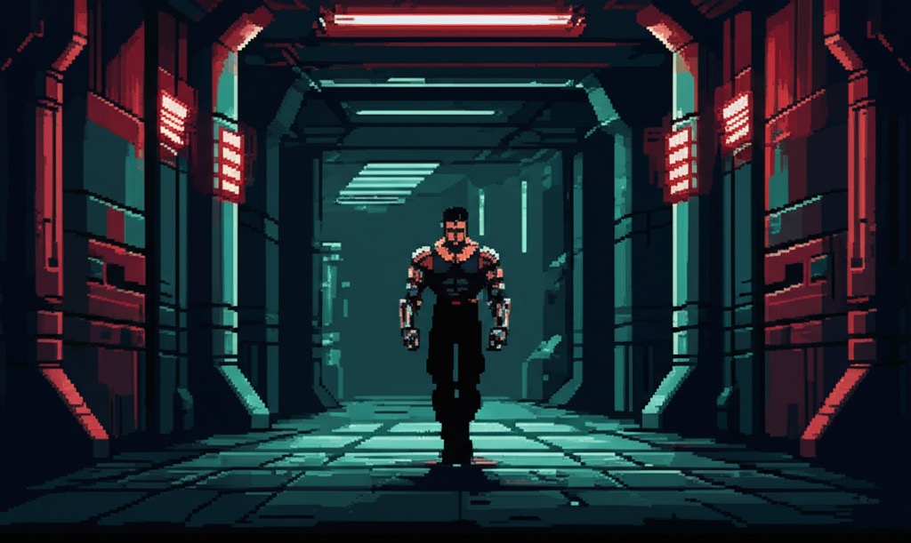 Corporate facility corridor at night. Bodies scattered. A figure with chrome arms stands mid-stride, carbon-ceramic knuckles slick with blood.