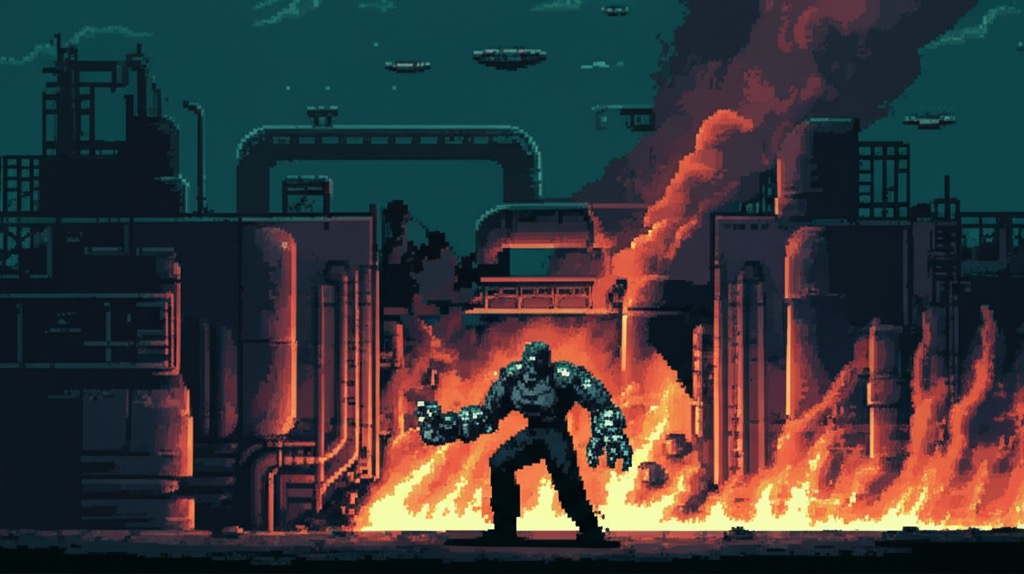 Ironclad Industries facility burning. Guardian drones circling. Angel exits through a collapsed wall, chrome arms glistening with blood. Martial arts form even in aftermath.