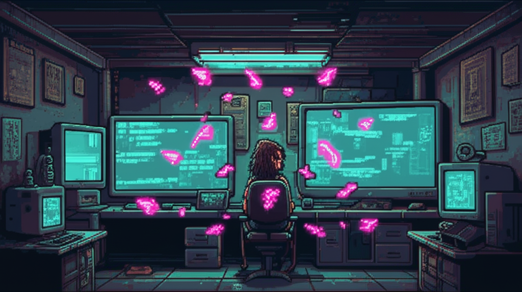 A room stripped bare except for monitors and servers - Mira's life reduced to the search