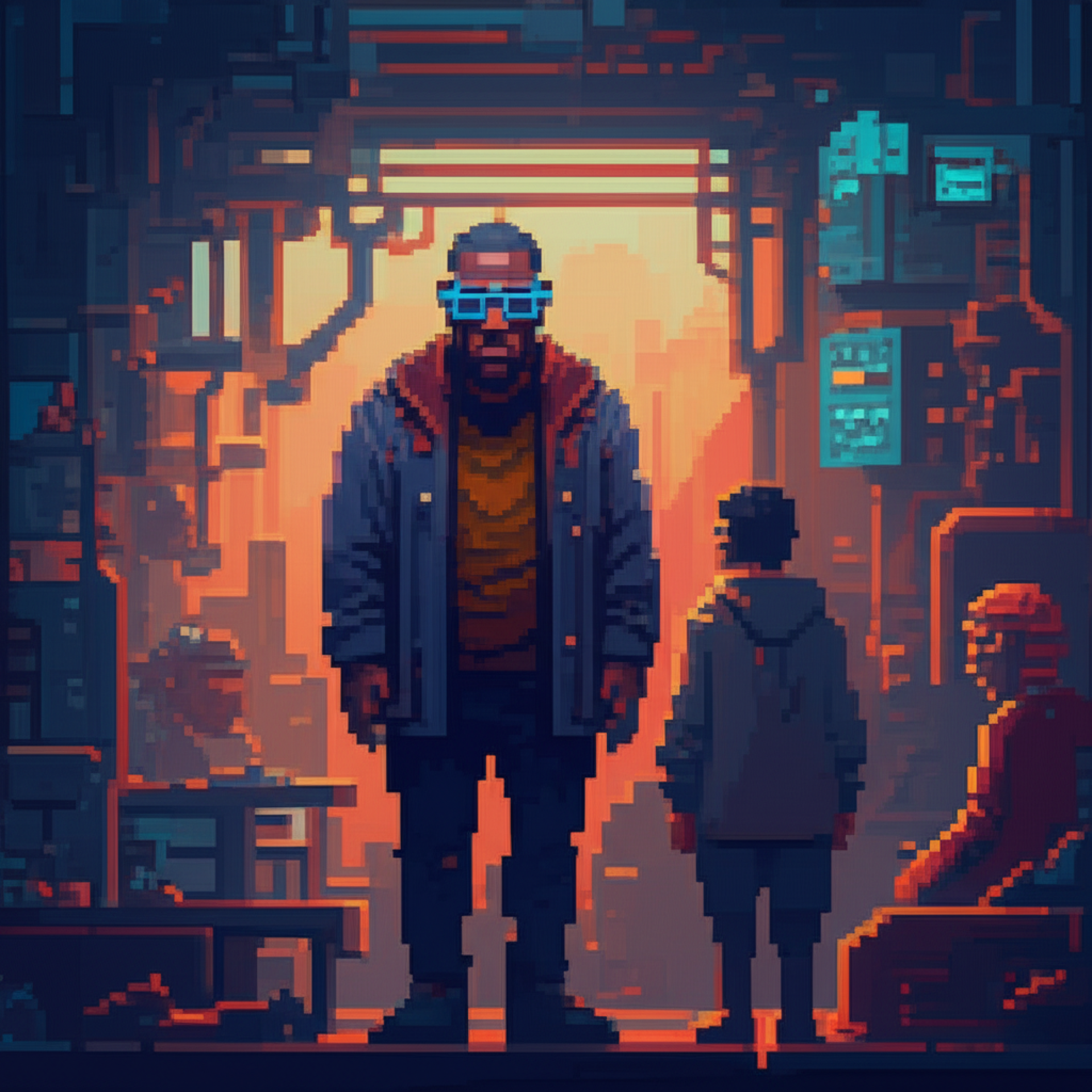 Ezra stands in the Bash Terminal at 4:41 AM, surrounded by lost people who've found their way to him. His face shows grief transformed into purpose.