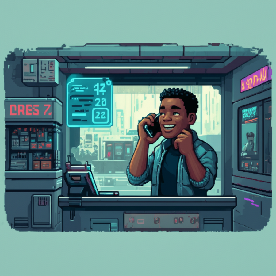 Solomon at a transit station, phone to ear, practically vibrating with excitement. The Sector 3 station gleams behind him.