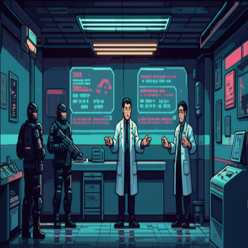 Daisuke confronting the armed Helix operatives, telling them their medical conditions while they hold guns on him