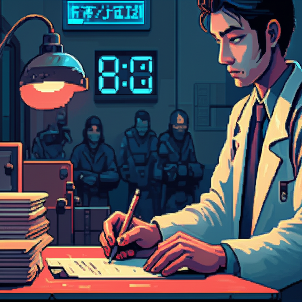 Daisuke writing prescriptions for all 347 of his regular patients before being taken away