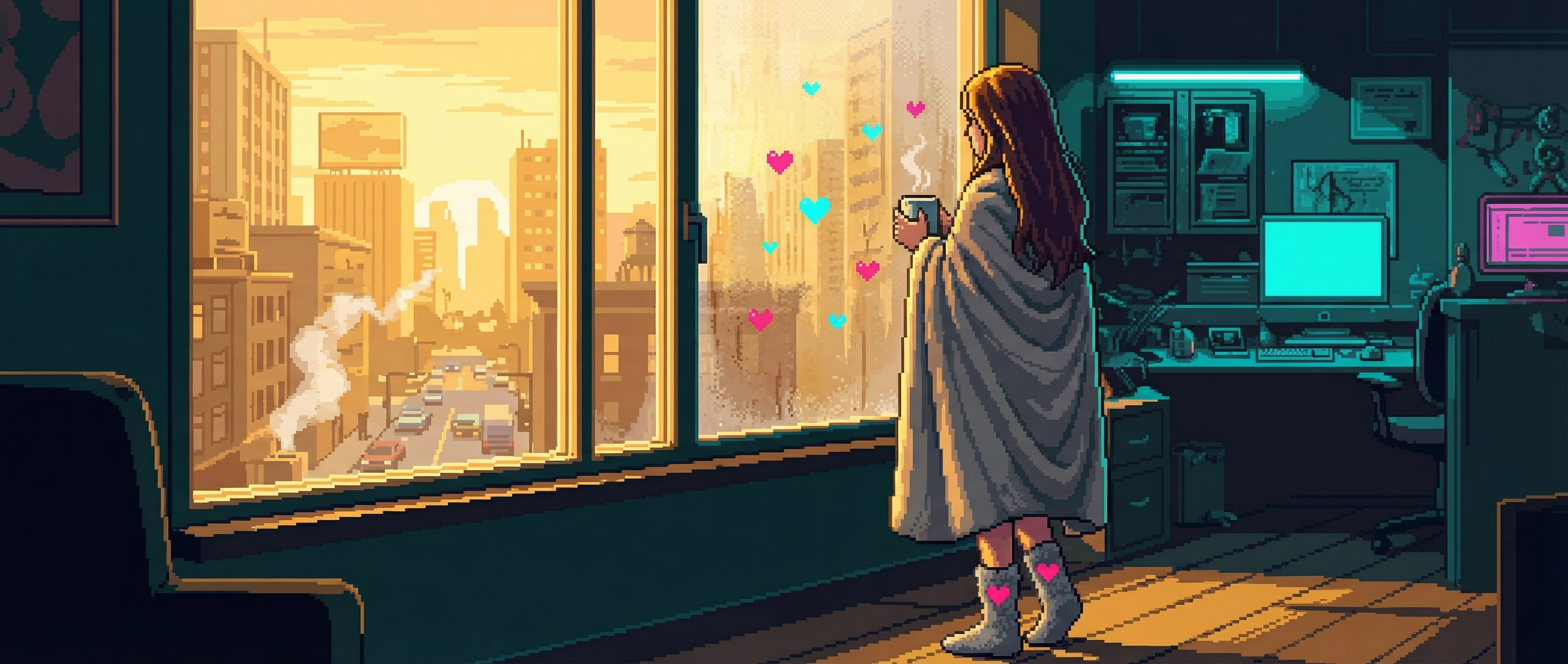 Morning sunlight streaming through the window, GG standing in the light in fuzzy socks, hearts forming on the window behind her that she doesn't see