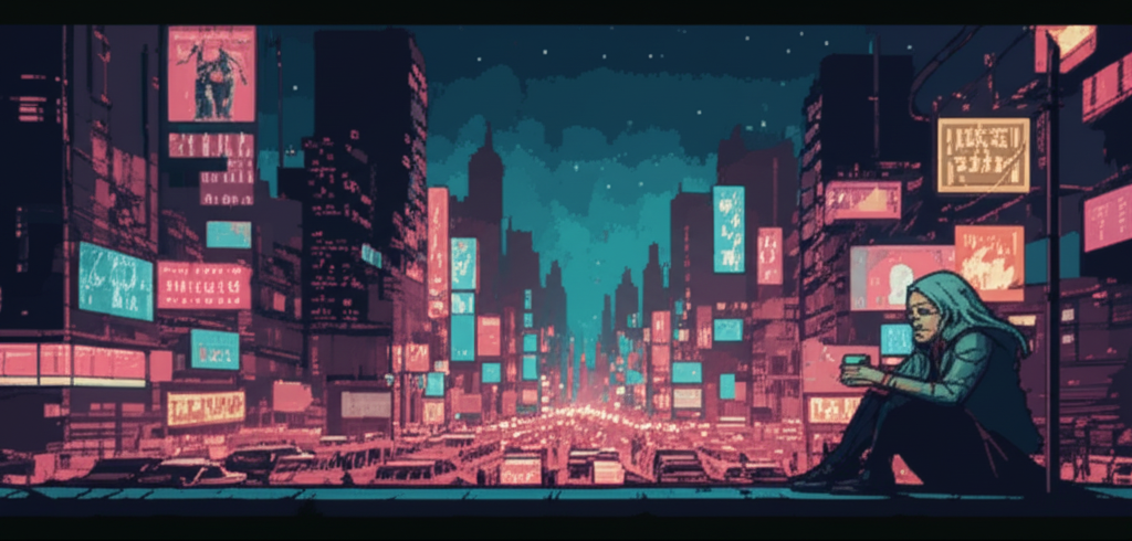 Maya, thirty-seven years older, sitting on a rooftop in the rebuilt Sprawl. Night sky above, city lights below—organized now by human imperfection, messy and redundant and alive. She's holding a cup of coffee, watching the chaos with something like peace