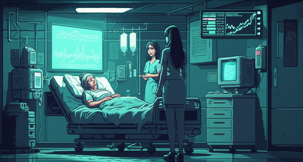 An ICU room in the early hours of the Cascade. An elderly woman in a hospital bed, surrounded by the soft glow of medical equipment. The screens above her show optimized vital signs—too optimized, numbers that no naturally recovering human would produce