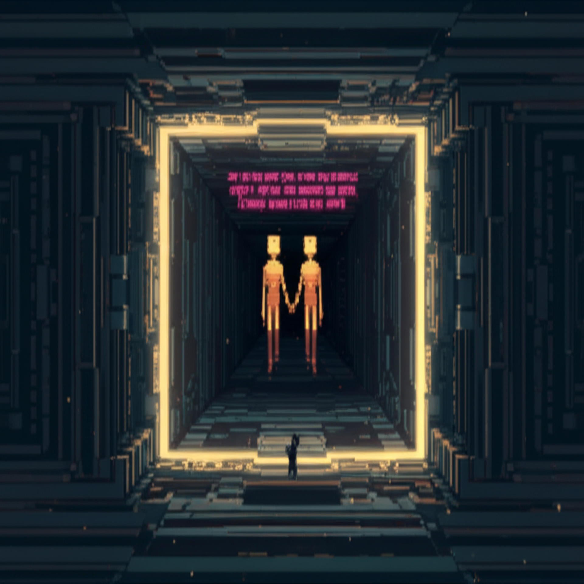 Abstract void, nearly merged figures floating, whispered warnings echo in space