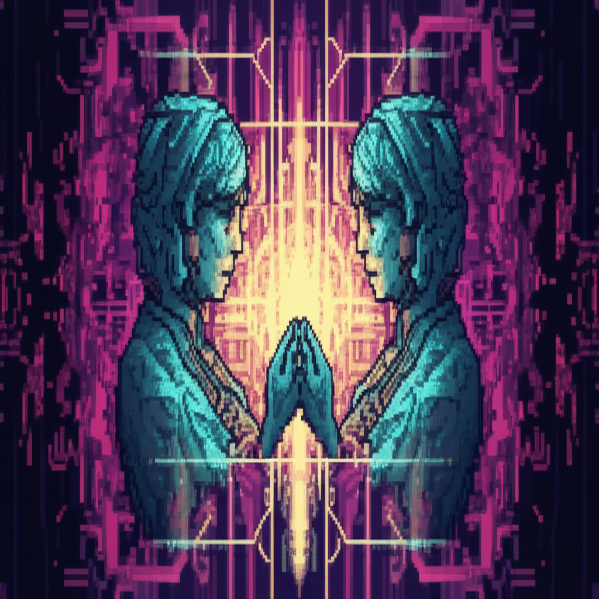 Twins trapped in threshold, partially merged, hands impossibly intertwined, golden cage of light