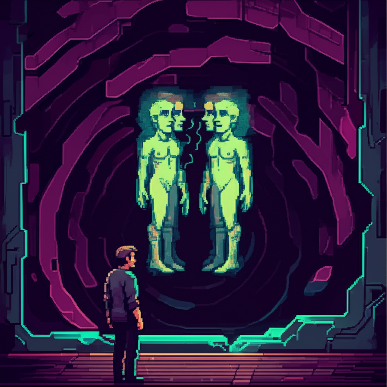 Jasper Kim at threshold edge, horror and pity, twins speak as one before him