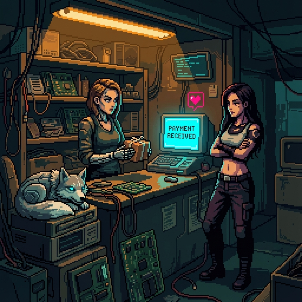 Cramped tech salvage shop interior, Kira behind counter staring at terminal showing 'PAYMENT RECEIVED' with heart icon, GG opposite with exasperated posture