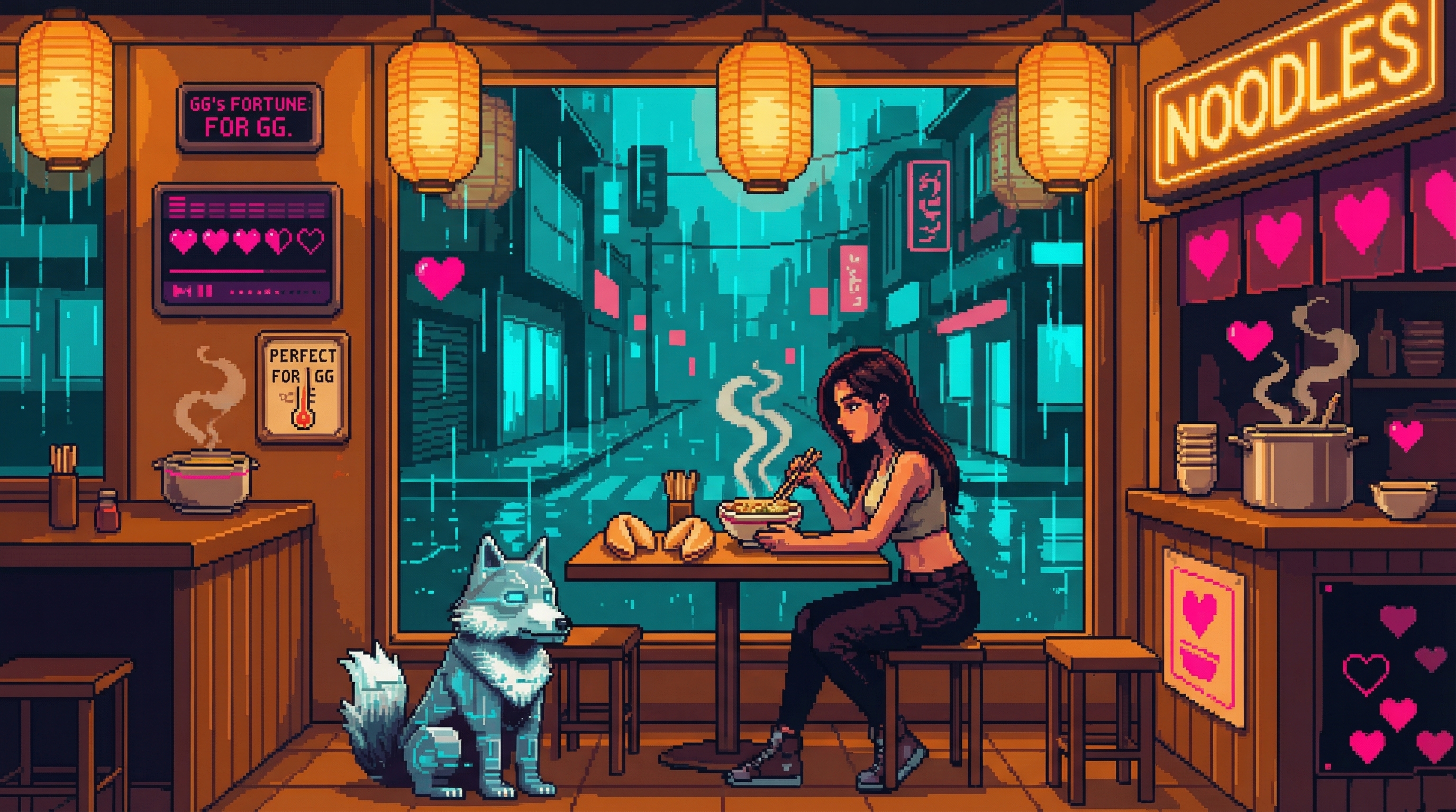 Cozy noodle shop interior, GG alone at a table with steaming bowl, everything subtly wrong: hearts on the music display, temperature gauge reading 'PERFECT FOR GG'
