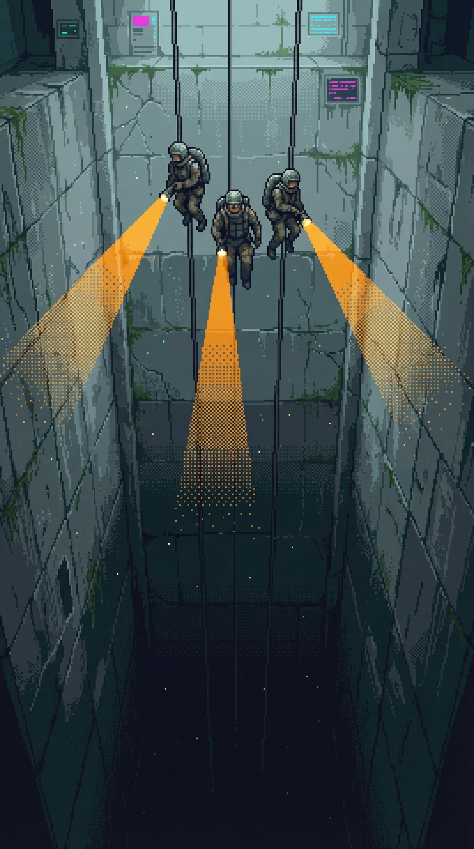 Three figures descending on guide cables into darkness, flashlight beams piercing the black