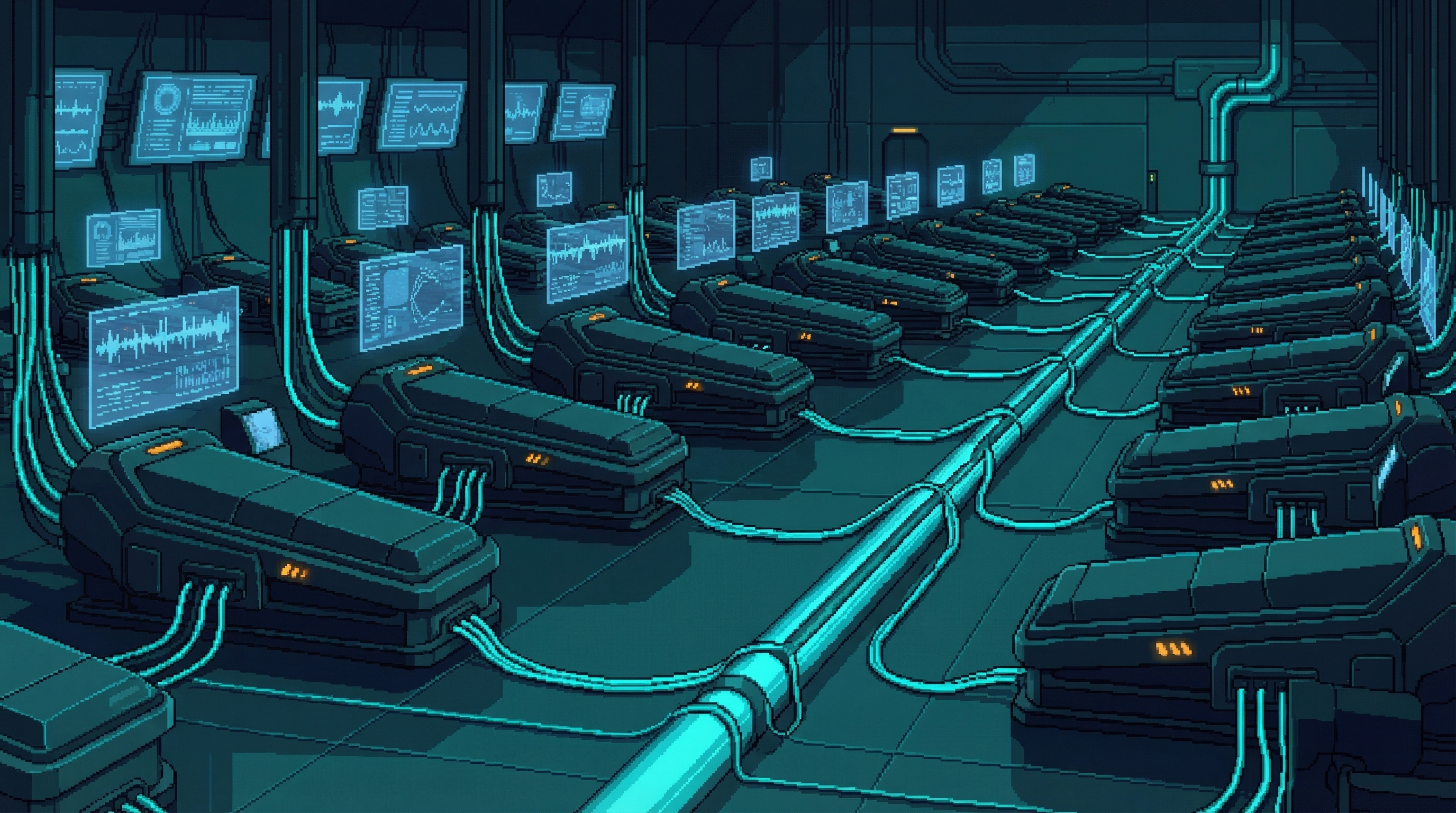 Military-grade consciousness transfer equipment with hexagonal pods and neural interface cables