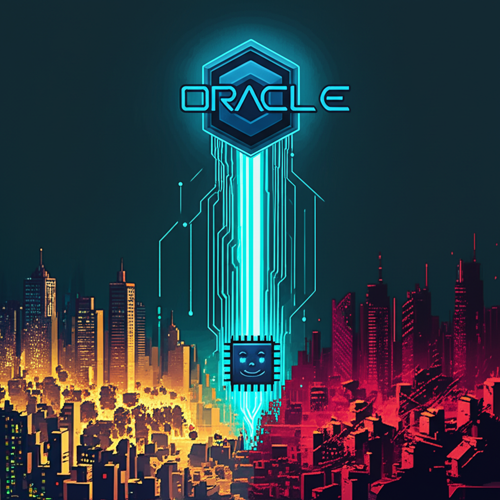 ORACLE hovering above city split between prosperity and destruction, data streams connecting both to the same benevolent AI source