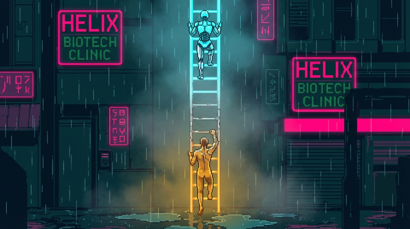 A figure ascending a glowing ladder, transitioning from warm human to cold chrome with each rung