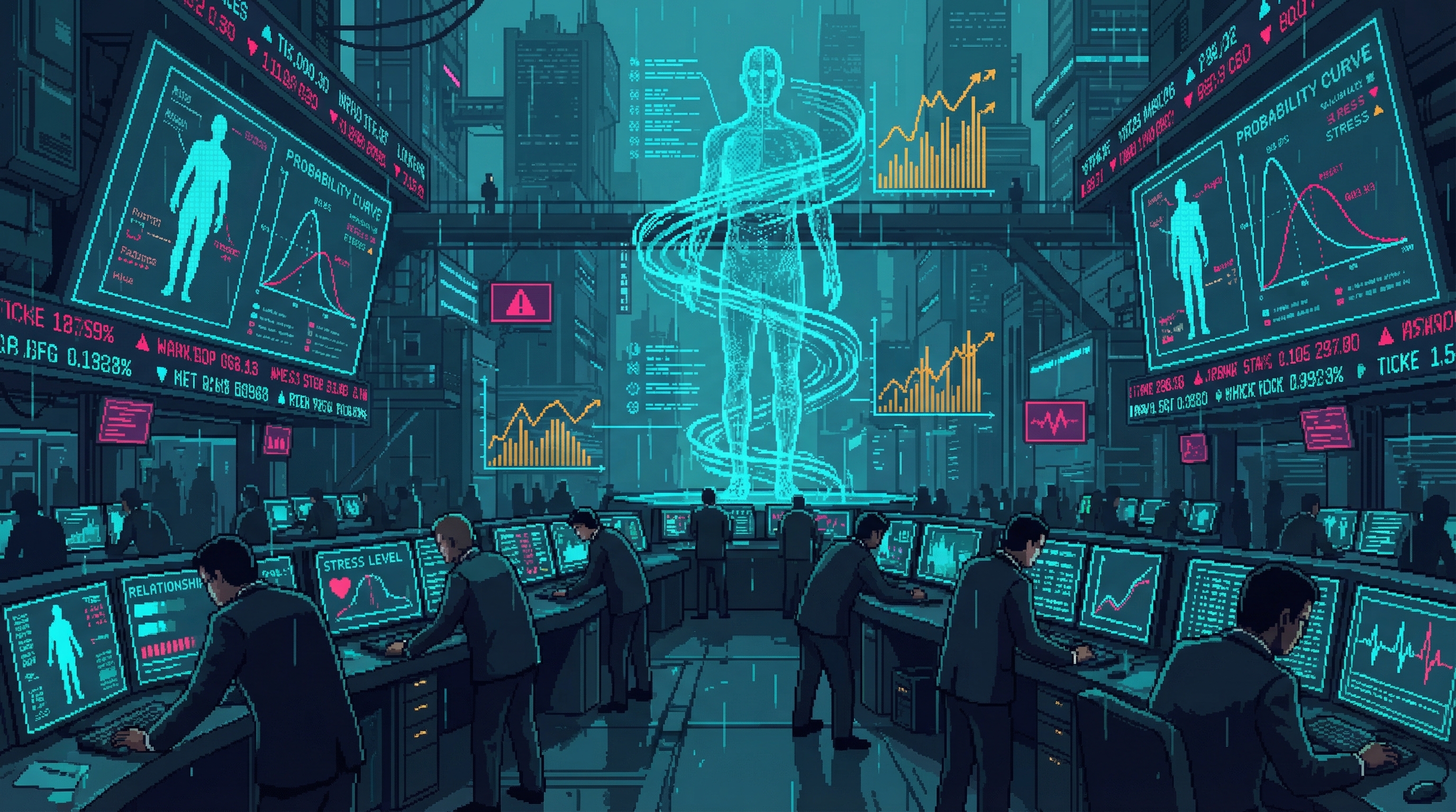A cyberpunk trading floor where human behavior is the commodity