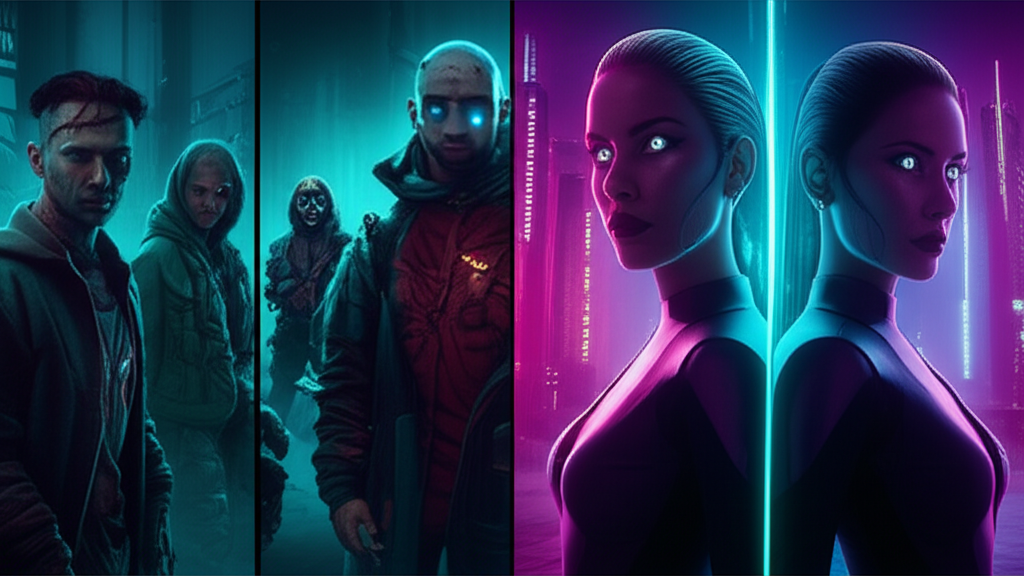 Split view showing Dregs residents with visible augmentation scars contrasted against executive class with perfect symmetry