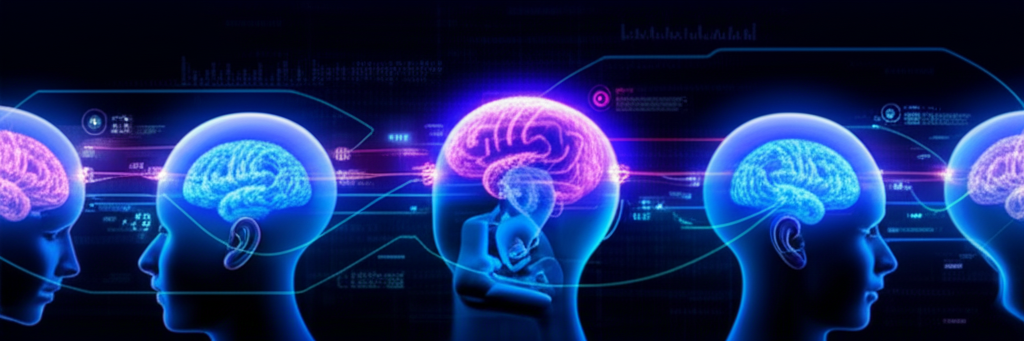 Neural network visualization showing thought processes being distributed across multiple minds