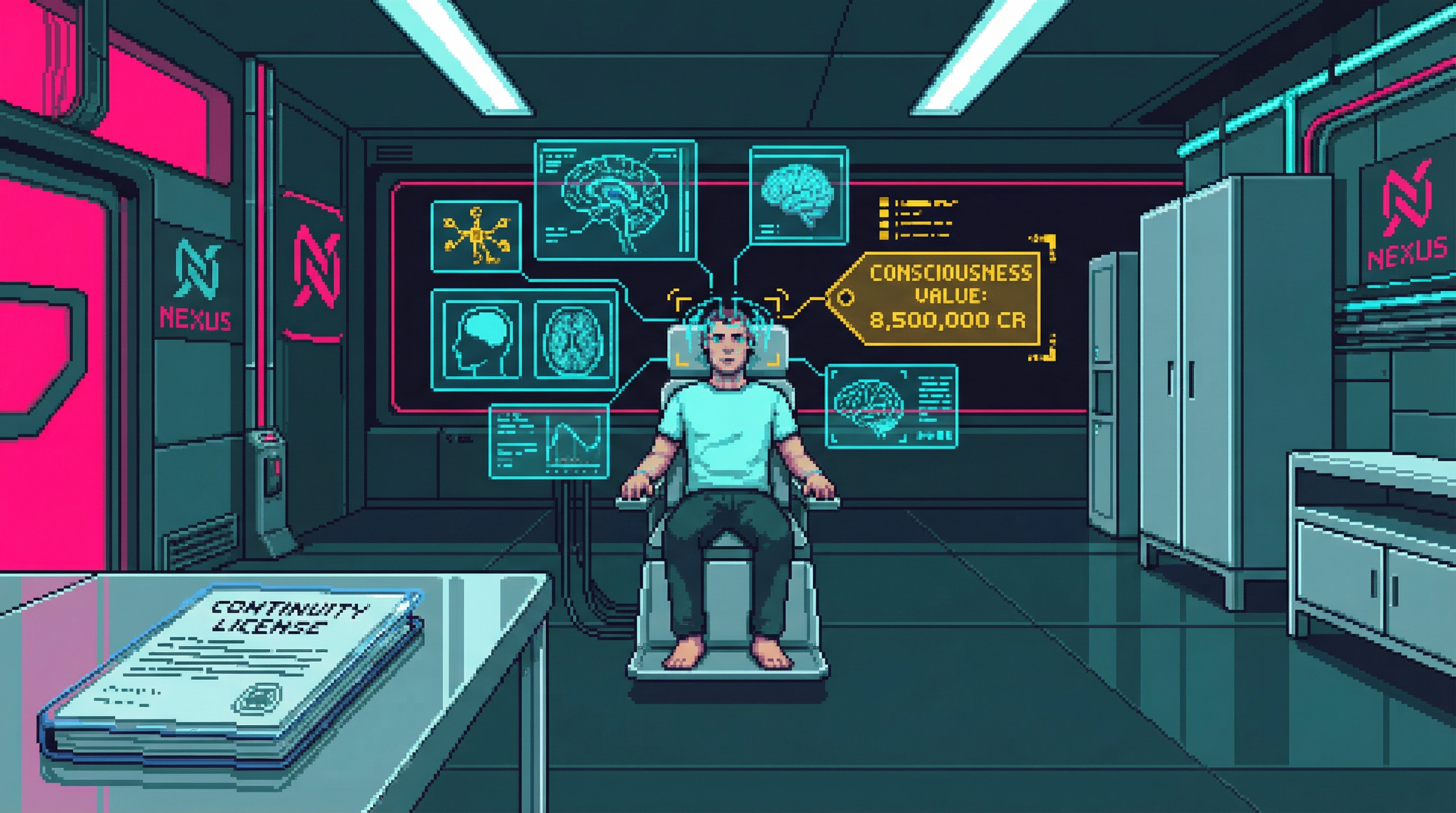 A person sits in a sterile corporate appraisal chair while holographic displays price their neural signature — consciousness value readouts floating in cyan and gold light, a laminated Continuity License heavy on the chrome desk