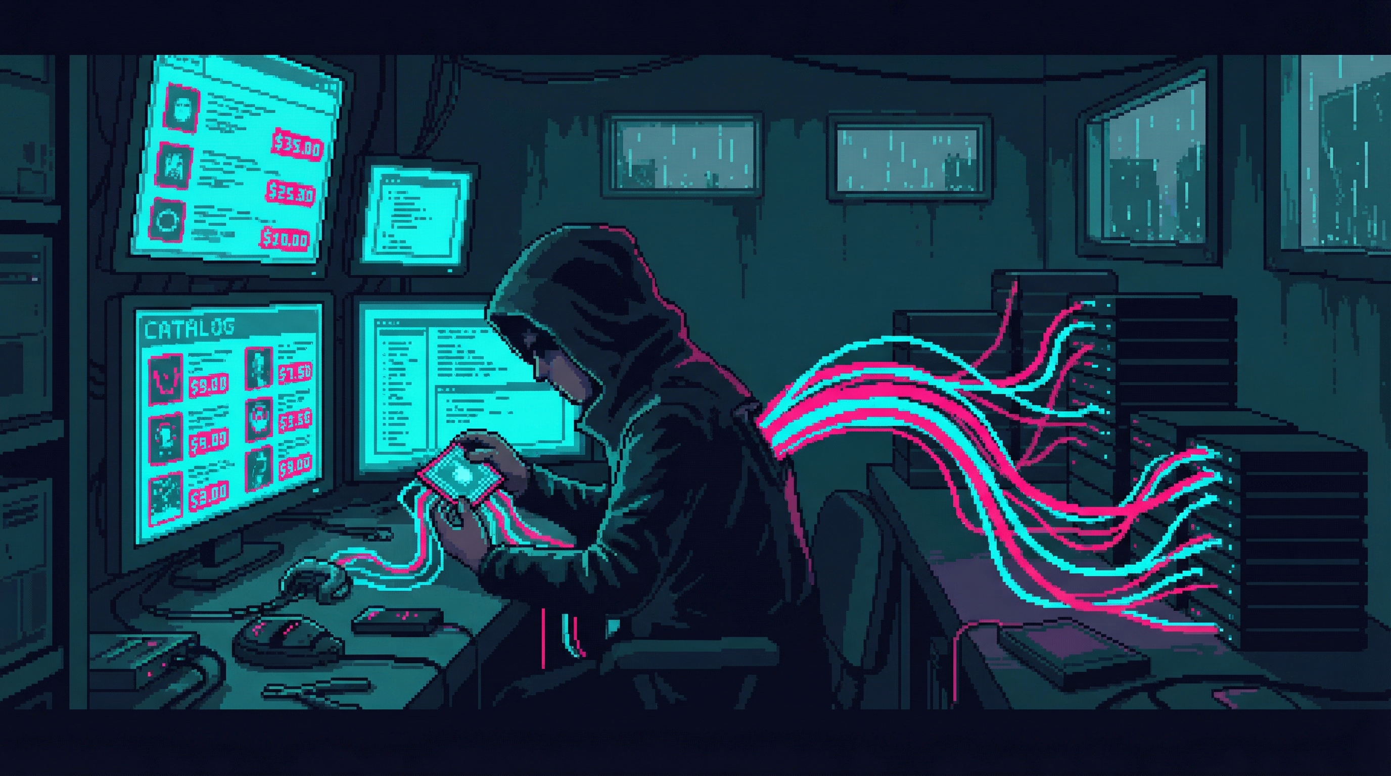 Underground consciousness piracy operation with neural data being stolen and duplicated