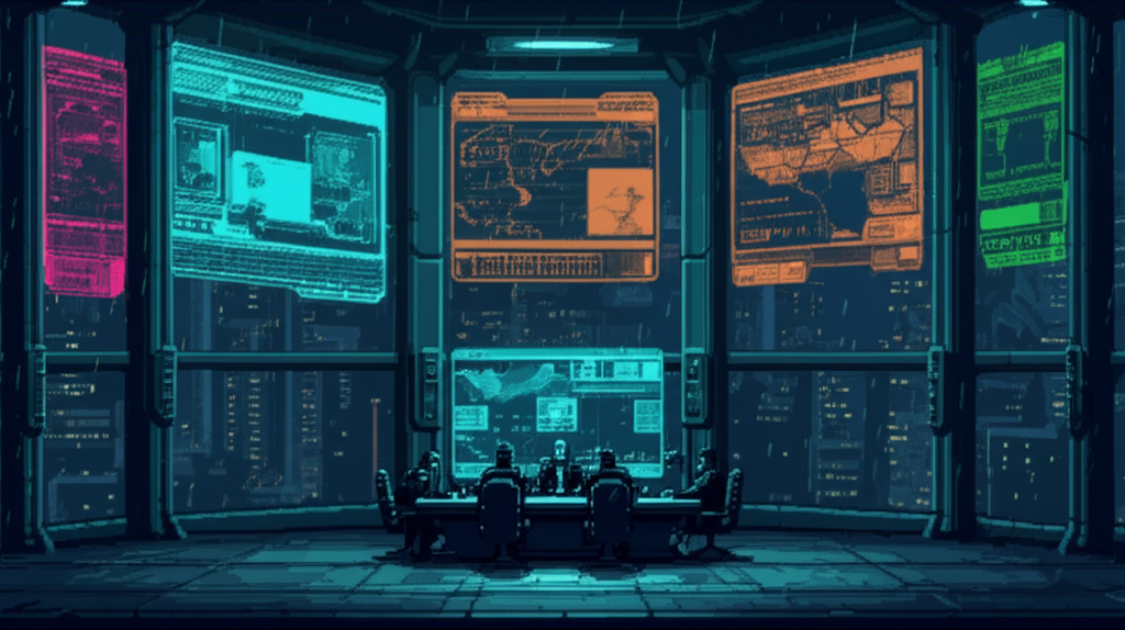 Corporate council chamber high above the Sprawl, holographic displays showing corporate territories