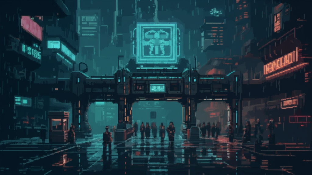 Corporate border checkpoint at night, different colored neon districts visible - cyan Nexus, orange Ironclad, green Helix